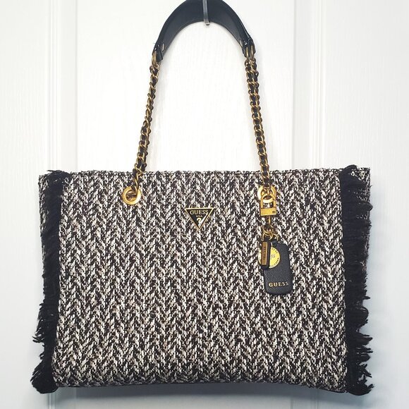 Guess Cessily Tweed Tote in Brown - Picture 1 of 7